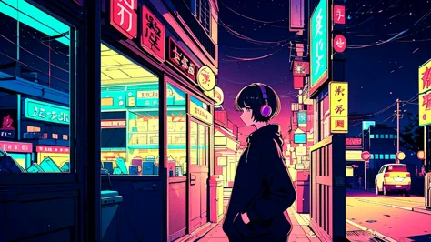 A detailed anime girl, wearing a large sweater, wearing headband headphones, lofi, tranquil, quiet vibes, chilling, night, quiet...