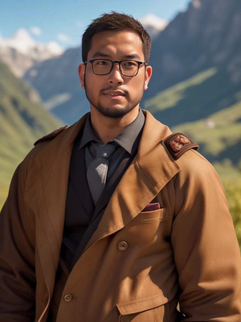 An award-winning original photo，a handsome 38-year-old man, crew cut, (((full body))), (((landscape))), mature man, [slightly fat], asian man, brown eyes, rounded face, glasses, slightly balding, 1boy, Solo, (big shoulders), (((stubbles, Short beard))), (((full beard))), (Beautiful eyes:1.3), (Detailed face:1.3), Dynamic Angle, volumetric lighting, (Best quality, A high resolution, Photorealistic), Cinematic lighting, Masterpiece, RAW photo, Intricate details, (extremely detailed 8k wallpaper), masterpiece 16k photo, masterpiece, best quality, 1boy, cowboy shot, delicate eyes, military uniform,  AK-47, AKM, kalashnikov_rifle, assault_rifle, holding_gun