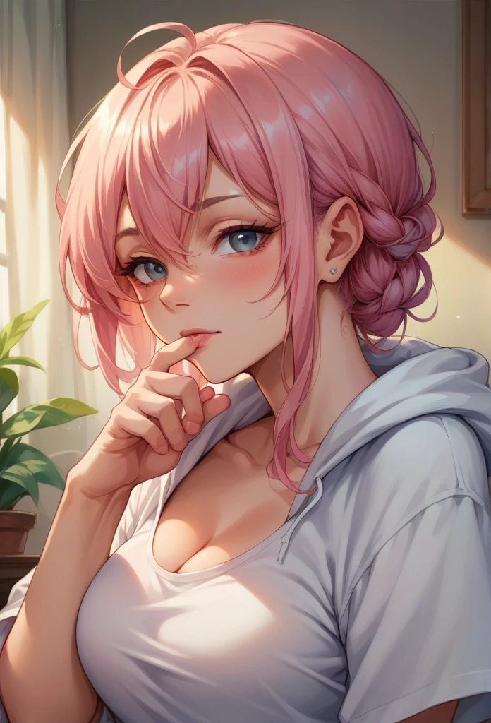 anime　Pink Hair　There&#39;s a little bit of purple in it　short　female　Big Breasts　Black string ornament nude　Gentle face