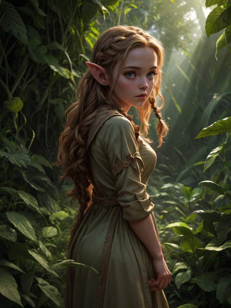 looking back elf girl portrait, curly two braid long hair, in a jungle, wearing elf dress, 8k, RAW photo, best quality, masterpiece, high detail RAW color photo, dramatic lighting, cinematic lighting, back light, professional lighting