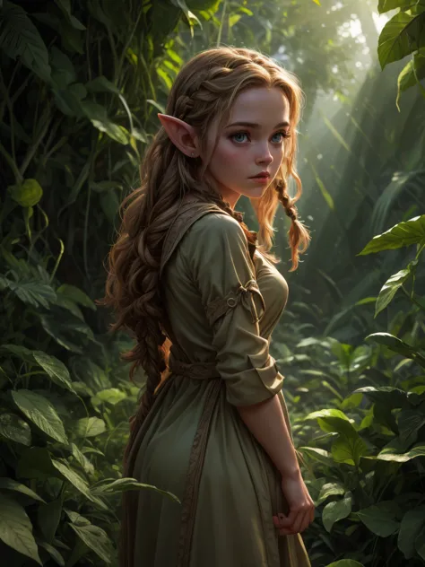 looking back elf girl portrait, curly two braid long hair, in a jungle, wearing elf dress, 8k, RAW photo, best quality, masterpi...