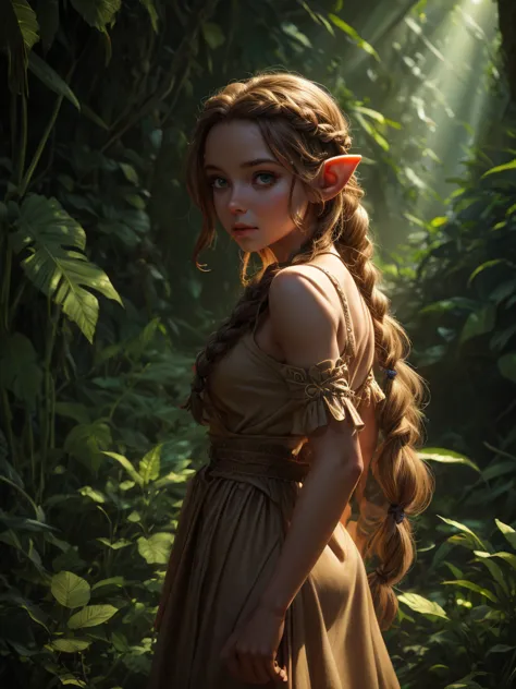 looking back elf girl portrait, curly two braid long hair, in a jungle, wearing elf dress, 8k, RAW photo, best quality, masterpi...