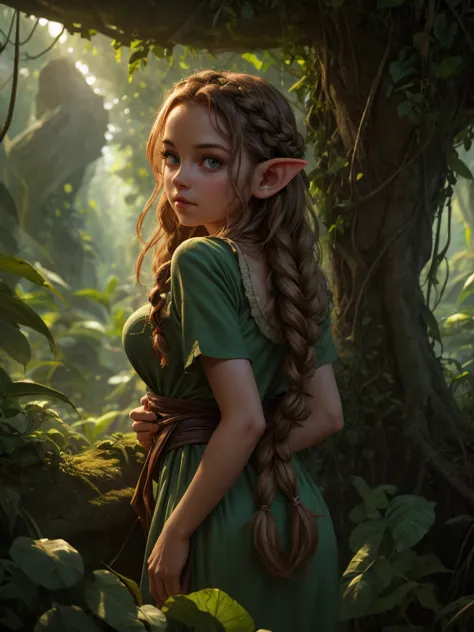 looking back elf girl portrait, curly two braid long hair, in a jungle, wearing elf dress, 8k, RAW photo, best quality, masterpi...