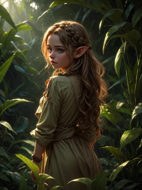 looking back elf girl portrait, curly two braid long hair, in a jungle, wearing elf dress, 8k, RAW photo, best quality, masterpi...