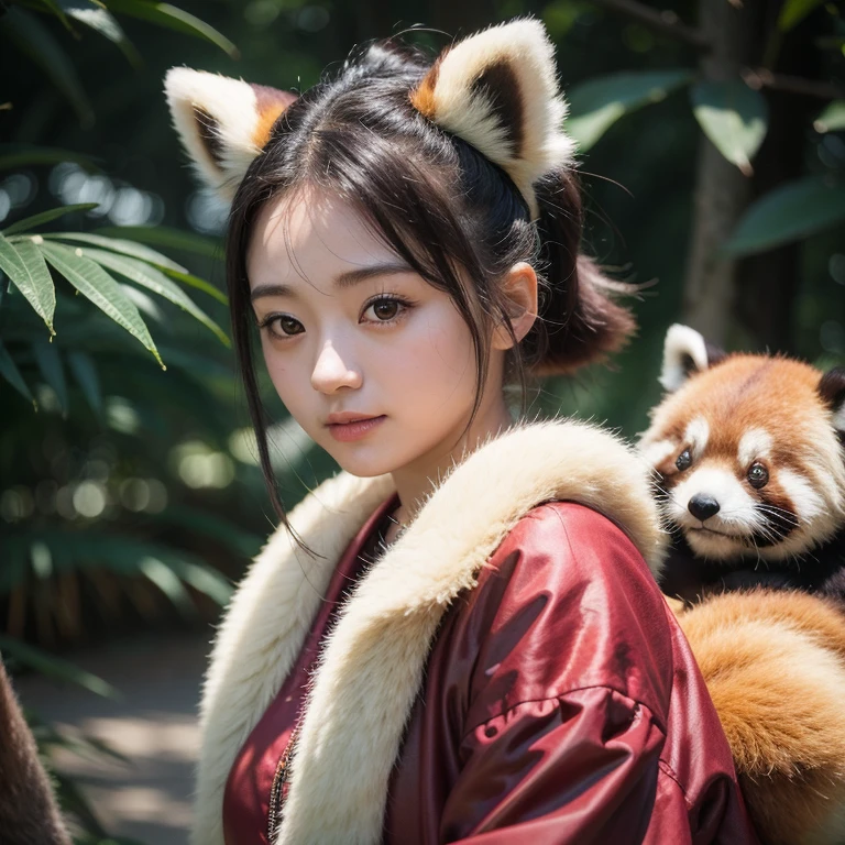 (8 k、Photos in RAW format、top quality、masterpiece:1.5)、(realistic、Photorealistic:1.5)、ultra detailed、超High resolution、lighting like in a movie、(((Idol, who loves red pandas)))、(((Japan 16 year old girls)))、(((Charming Japanese girl 16 years old in a cute costume with a red panda image.)))、(Many red pandas:1.5)、cute smiling face、Fun and energetic atmosphere、dynamic angle、dynamic lighting