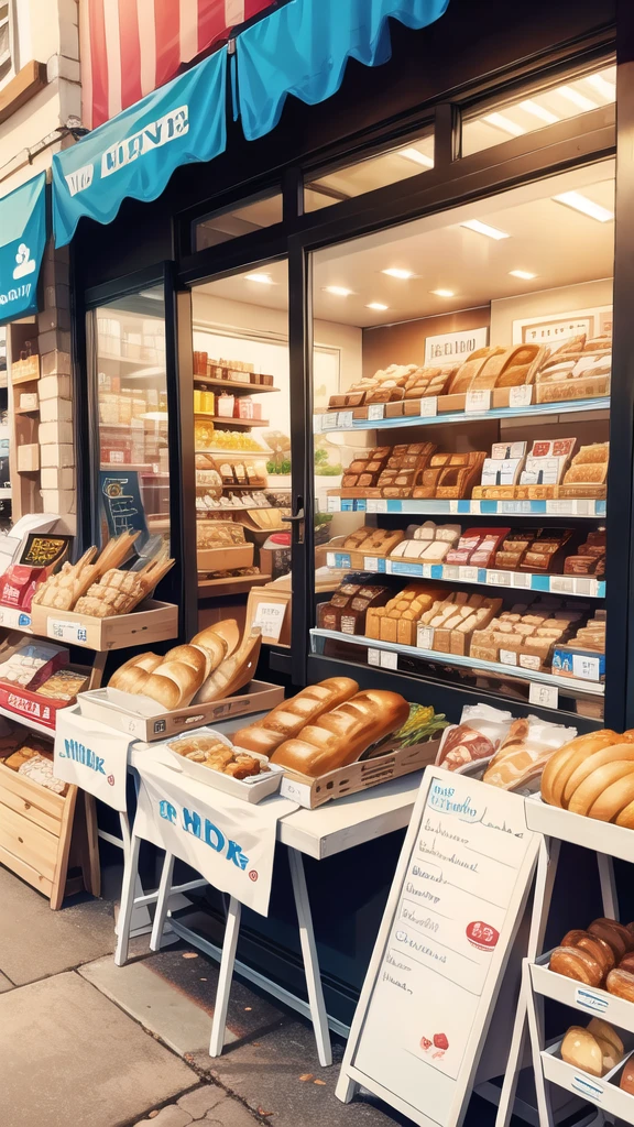 frente a la tienda, pan, vasos de leche, varios bocadillos en la mesa. 