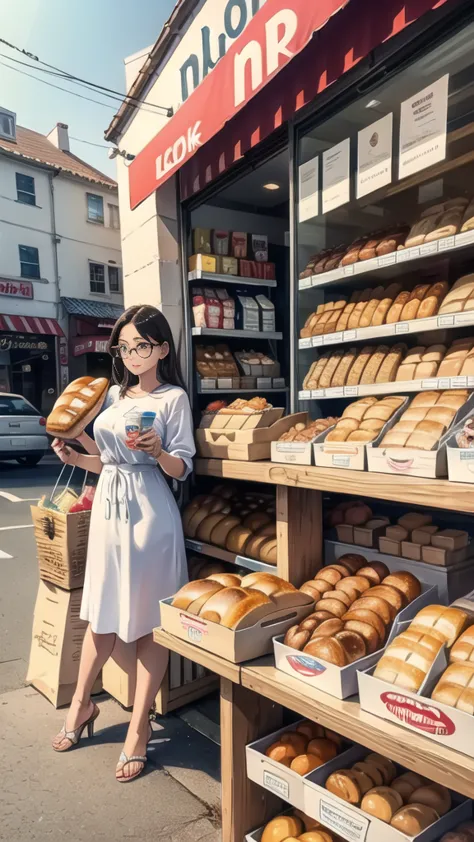 In front of the shop, bread, glasses of milk, various snacks on the table. 