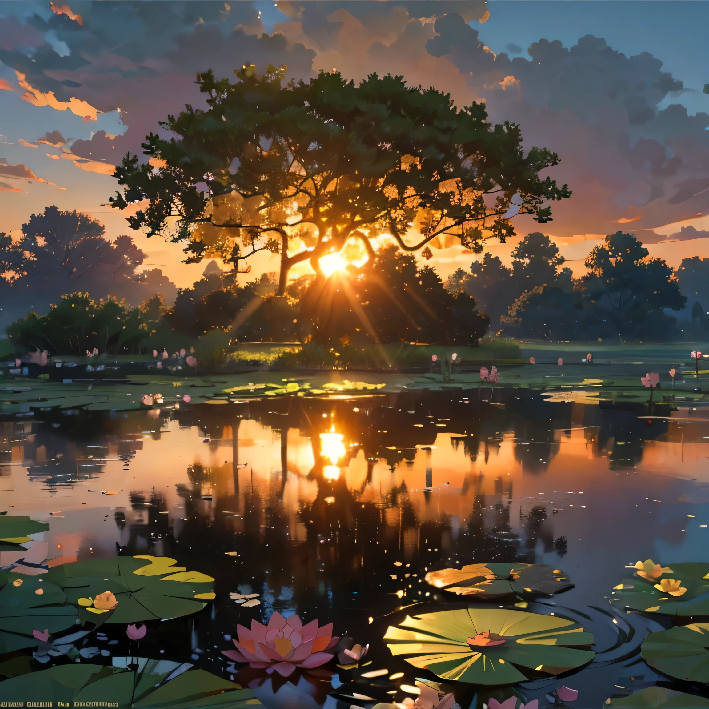 높은 디테일),큰 연꽃，연못에，빛나는 오렌지색 태양，한여름
