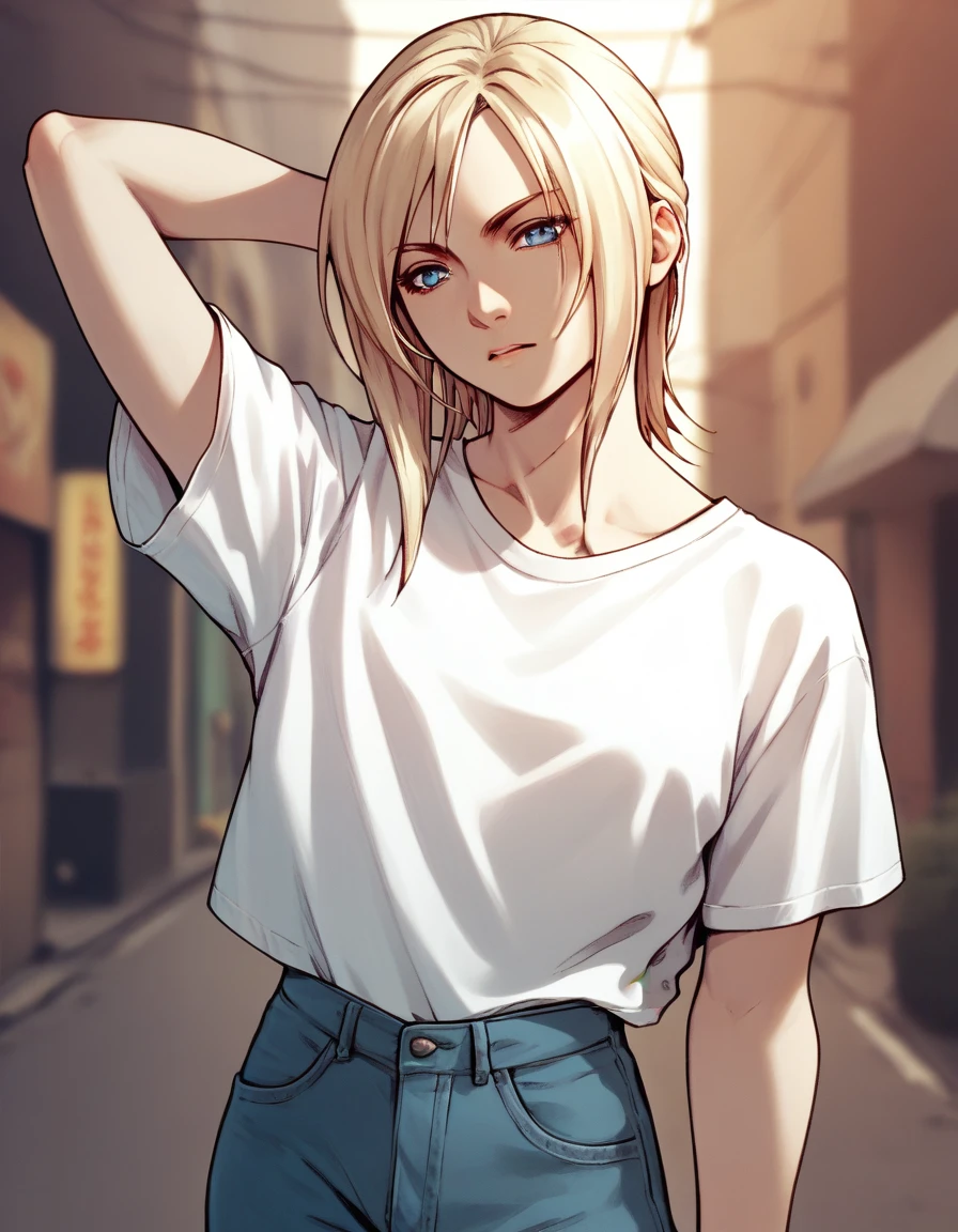 check_9, check_8_up, check_7_up, check_6_up, check_5_up, check_4_up
aya brea, Blue eyes, blonde hair, White shirt, t-shirt,  jeans,
arm up,  