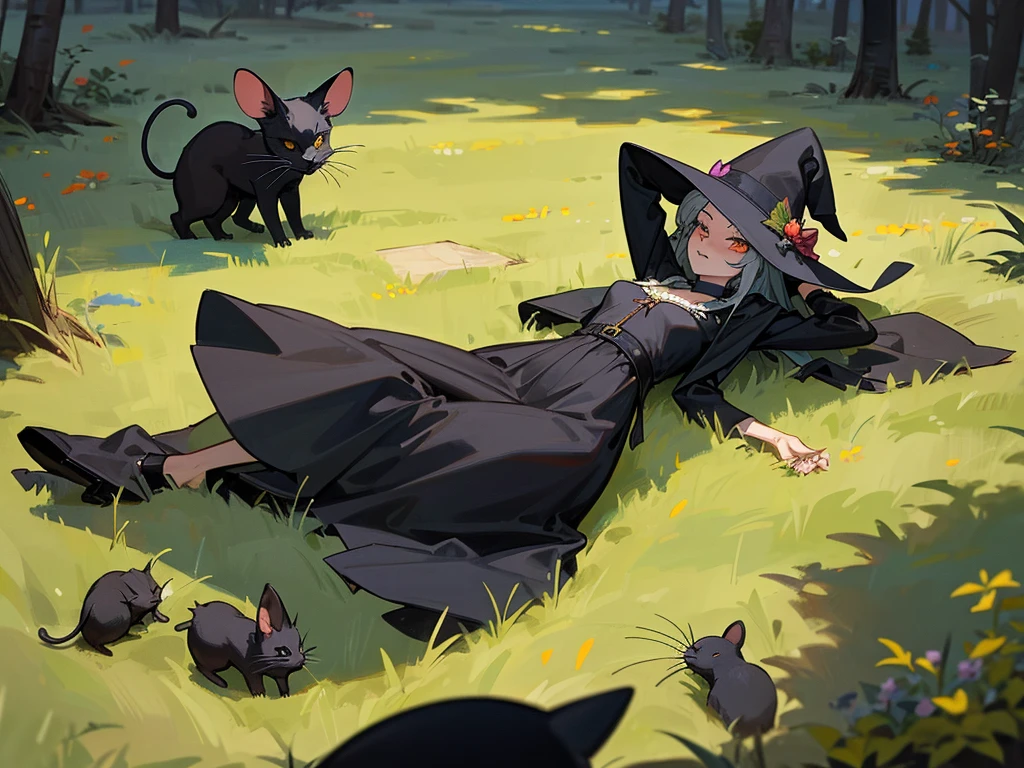 Black cat brings a lay witch a dead mouse 