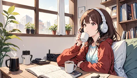 girl wearing headphones,drinking coffee from a mug while listening to jazz music,brown hair,relax