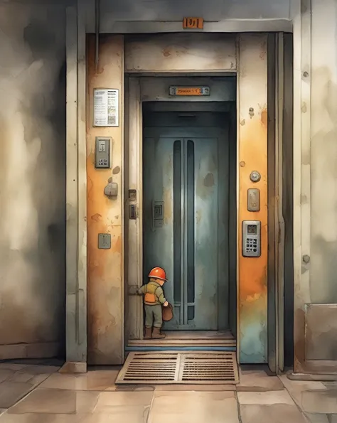 children's picture books, crayon paintings, underground elevator escape rusty old german style