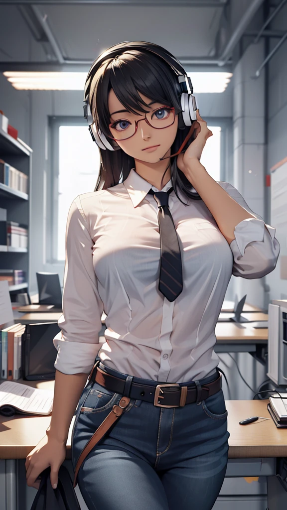 whole body, entire body, full body, total body, upright stance, erect posture, shoes, waist belt, 20-years-old beautiful office working female, (black rim glasses), (white headphones), black hair, date clothes, early summer costume, colorful costumes, intellectual atmosphere, knowledge, scholarship, enthusiasm, front of whole body, concentration, sense of accomplishment, masterpiece, top quality, 4K, academic atmosphere, (masterpiece), (best quality), ultra-high res, sharp focus, high definition eyes, anime style