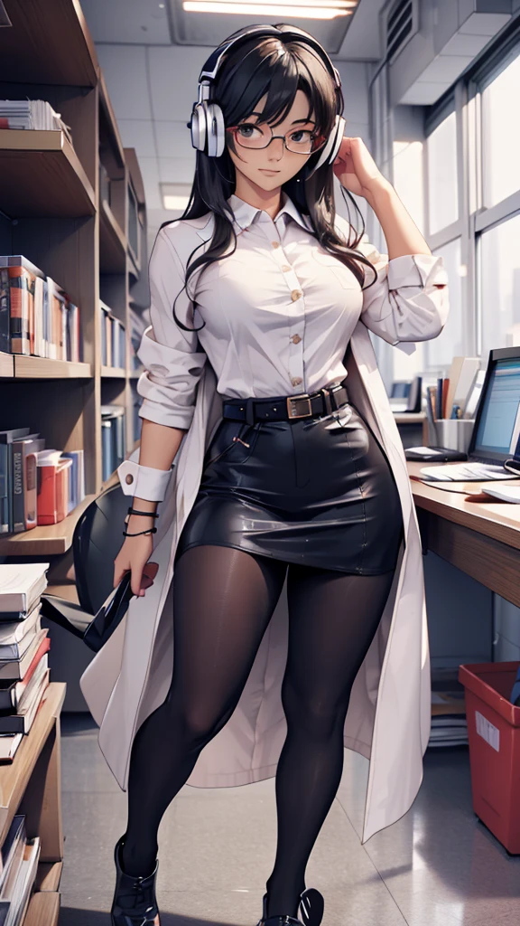 whole body, entire body, full body, total body, upright stance, erect posture, shoes, waist belt, 20-years-old beautiful office working female, (black rim glasses), (white headphones), black hair, date clothes, early summer costume, colorful costumes, intellectual atmosphere, knowledge, scholarship, enthusiasm, front of whole body, concentration, sense of accomplishment, masterpiece, top quality, 4K, academic atmosphere, (masterpiece), (best quality), ultra-high res, sharp focus, high definition eyes, anime style