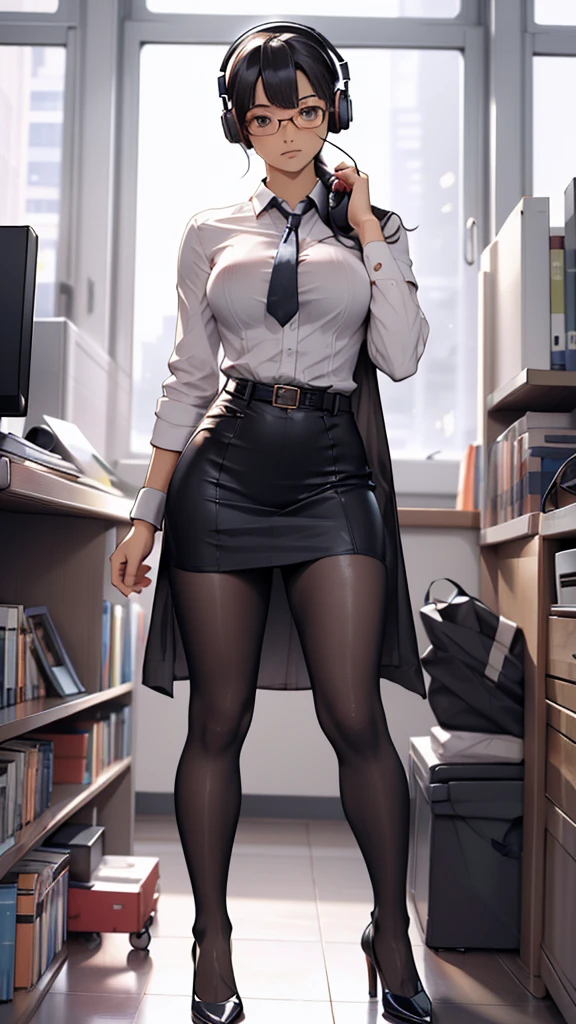 whole body, entire body, full body, total body, upright stance, erect posture, shoes, waist belt, 20-years-old beautiful office working female, (black rim glasses), (white headphones), black hair, date clothes, early summer costume, colorful costumes, intellectual atmosphere, knowledge, scholarship, enthusiasm, front of whole body, concentration, sense of accomplishment, masterpiece, top quality, 4K, academic atmosphere, (masterpiece), (best quality), ultra-high res, sharp focus, high definition eyes, anime style