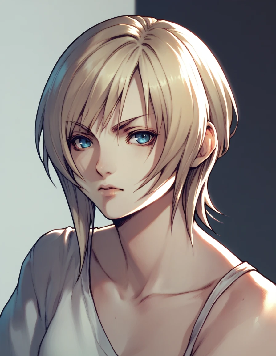 Aya Brea, video game character, shoulder-length blonde short hair with side bangs. The character's eyes are blue, giving her a sharp and focused gaze. No shadows