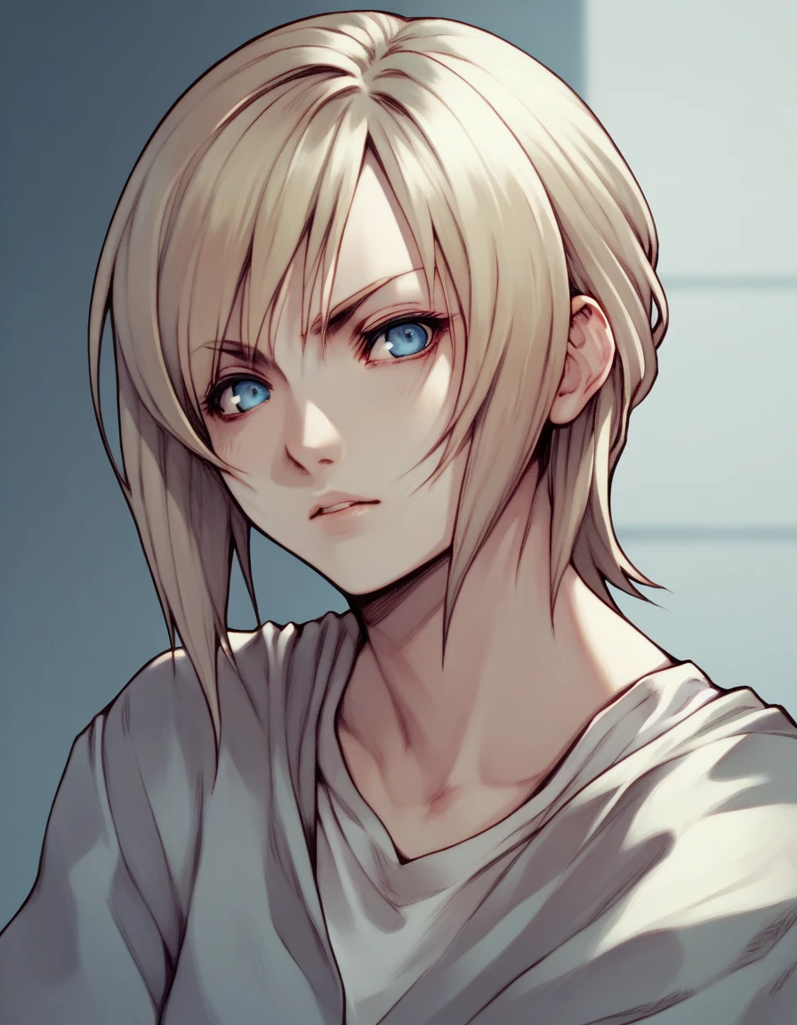 Aya Brea, video game character, shoulder-length blonde short hair with side bangs. The character's eyes are blue, giving her a sharp and focused gaze. No shadows