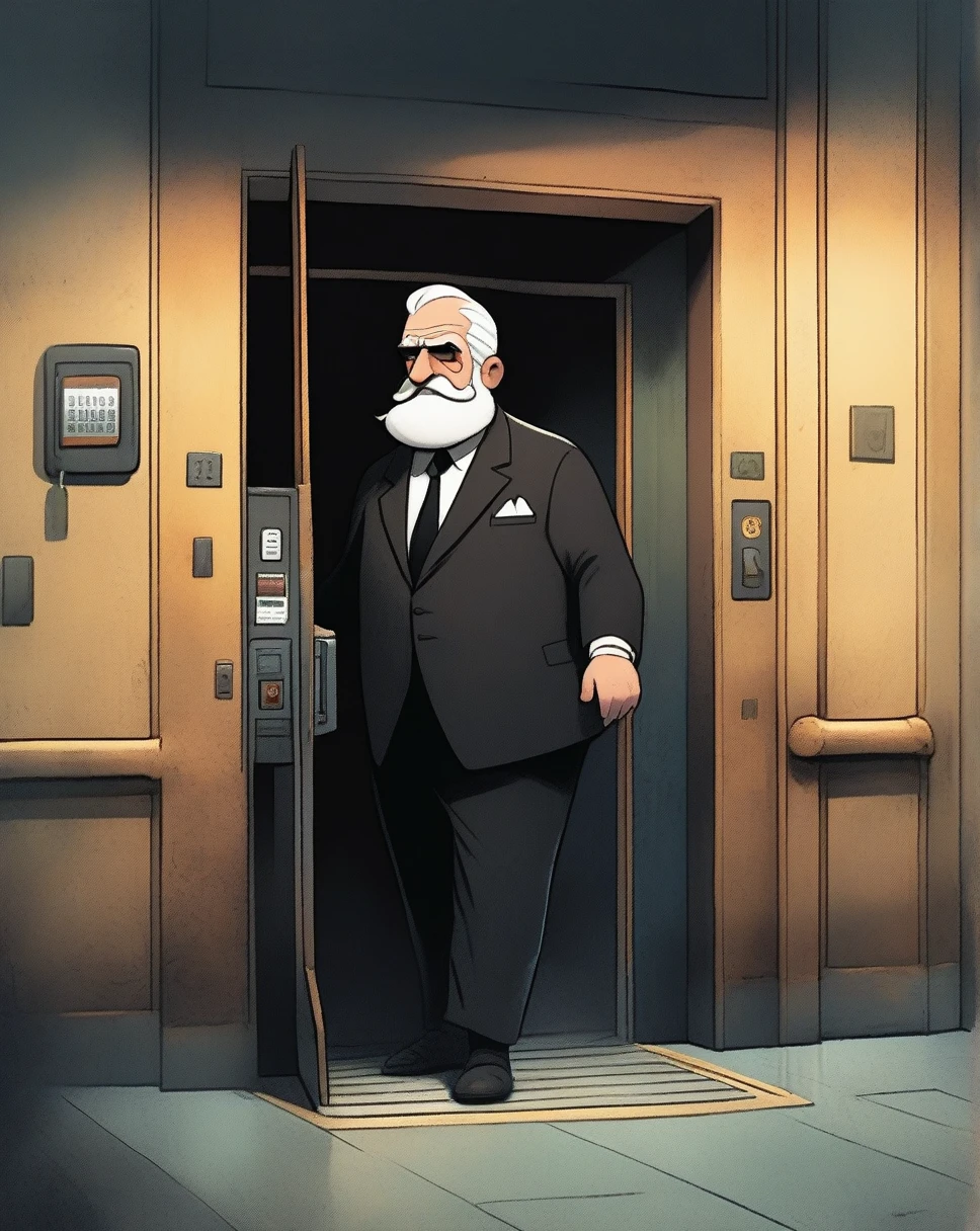 children's picture books, crayon paintings, underground elevator escape rusty old german style, an old fat white hair and beard, mafia boss wearing a black suite clicks the elevator bouton to open the door, creepy, dim light