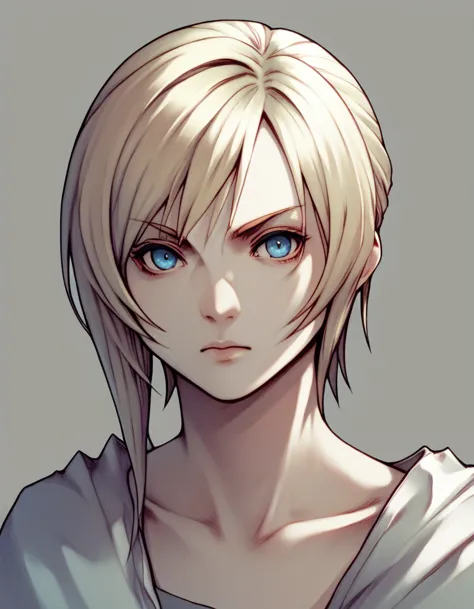 aya brea, video game character, shoulder-length blonde short hair with side bangs. the character's eyes are blue, giving her a s...