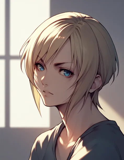 aya brea, video game character, shoulder-length blonde short hair with side bangs. the character's eyes are blue, giving her a s...