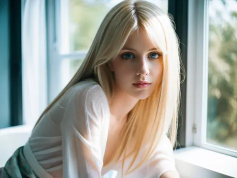 A beautiful young girl with long blonde hair, leaning against a window, gently lifting her skirt, adorable expression, (best qua...