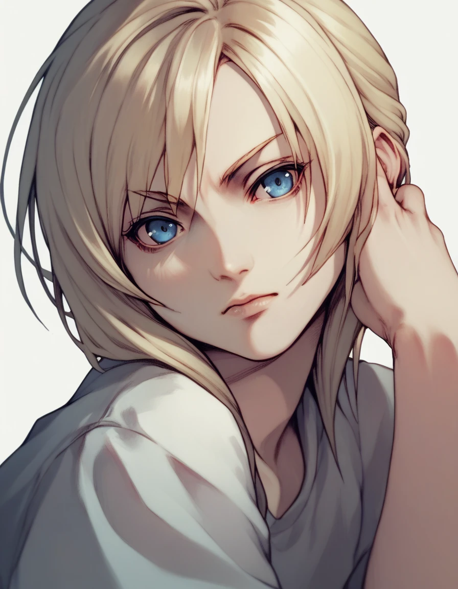 Aya Brea, video game character, shoulder-length blonde short hair with side bangs. The character's eyes are blue, giving her a sharp and focused gaze. No shadows
