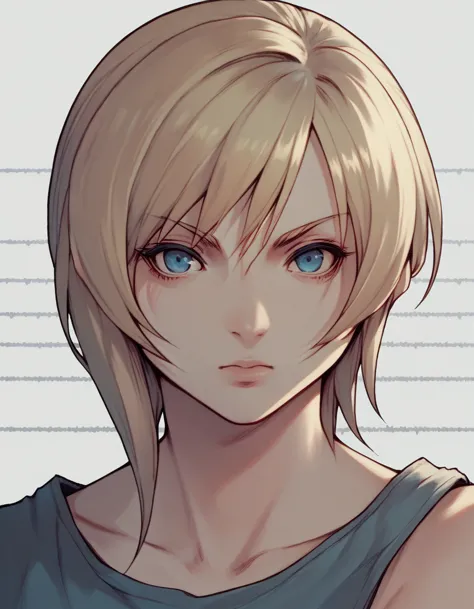 aya brea, video game character, shoulder-length blonde short hair with side bangs. the character's eyes are blue, giving her a s...