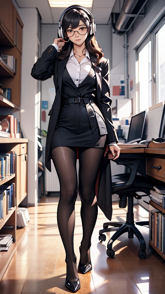 whole body, entire body, full body, total body, upright stance, erect posture, shoes, Navel visible, 20-years-old beautiful office working female, (black rim glasses), (white headphones), black hair, date clothes, early summer costume, colorful costumes, intellectual atmosphere, knowledge, scholarship, enthusiasm, front of whole body, concentration, sense of accomplishment, masterpiece, top quality, 4K, academic atmosphere, (masterpiece), (best quality), ultra-high res, sharp focus, high definition eyes, anime style