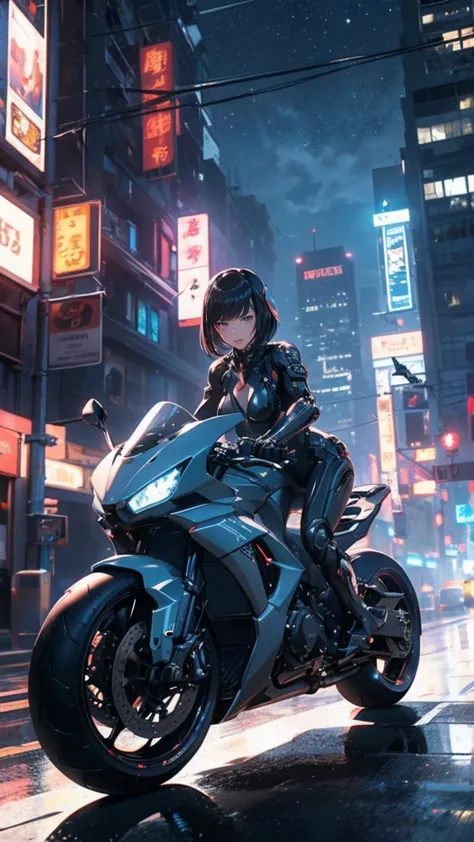 （female cyborg riding a motorcycle）（（（In 8K. ＨＤＲ.hyper realism、master piece 1.2、wlop1、cinematic、Detailed content、Live photo 1.2,...