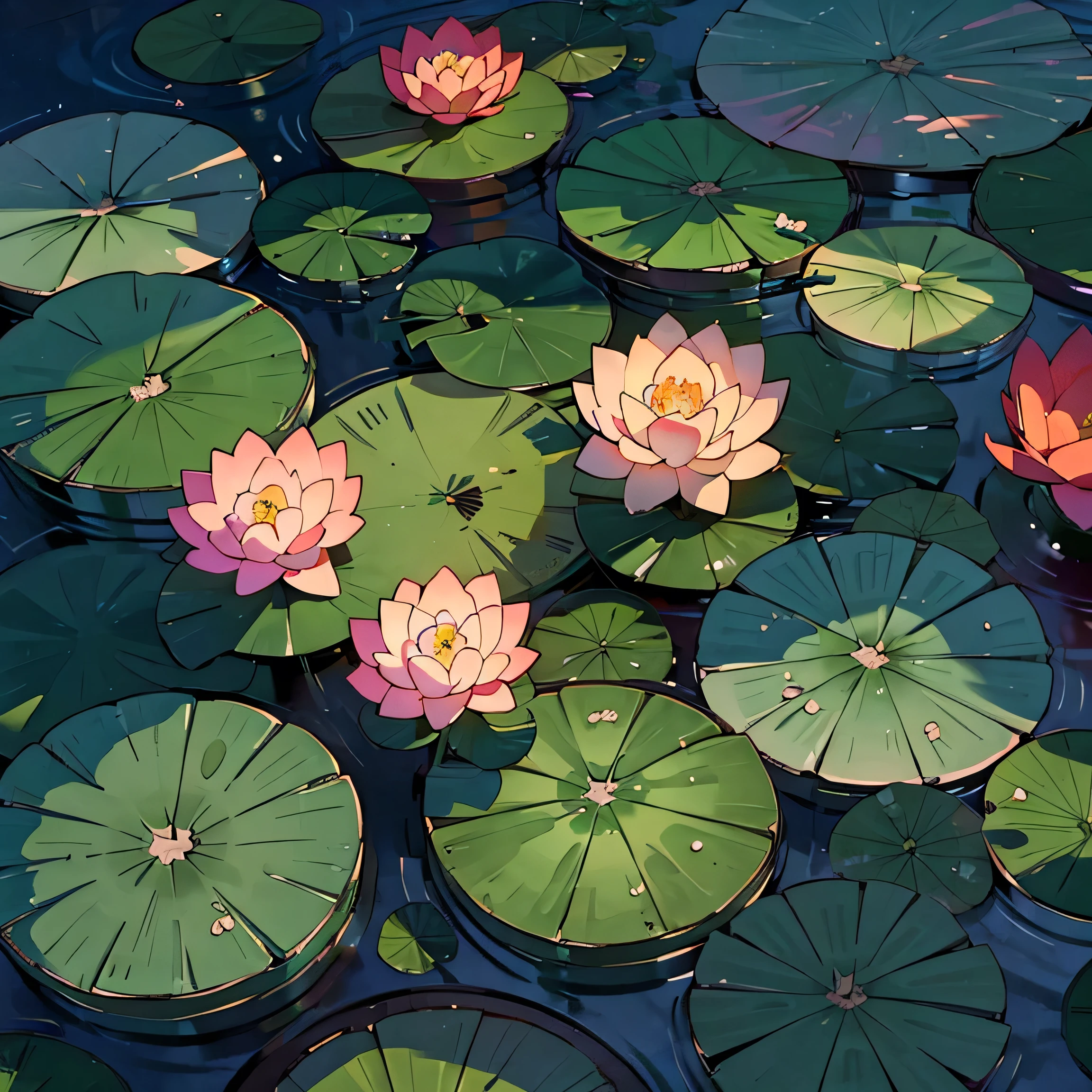 top view, 1 Lotus flower, 3 lily pads, colorful carps, midsummer