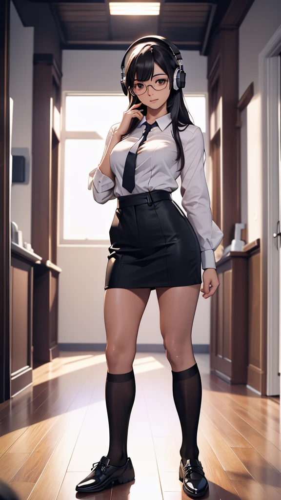 whole body, entire body, full body, total body, upright stance, erect posture, shoes, navel, 20-years-old beautiful working female, (black rim glasses), (white headphones), black hair, date clothes, early summer costume, colorful costumes, knowledge, scholarship, enthusiasm, front of whole body, concentration, sense of accomplishment, masterpiece, top quality, 4K, academic atmosphere, (masterpiece), (best quality), ultra-high res, sharp focus, high definition eyes, anime style