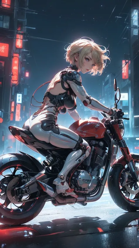 (Female cyborg on a bike)(((8K.HDR.Hyperrealism、Masterpiece 1.2、wlop1、Cinematic、Further content、Live Photo 1.2、Highest quality 1...