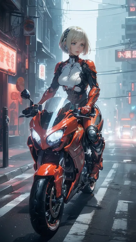 (Female cyborg on a bike)(((8K.HDR.Hyperrealism、Masterpiece 1.2、wlop1、Cinematic、Further content、Live Photo 1.2、Highest quality 1...