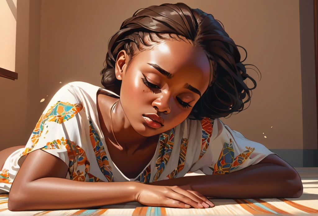 A young African lady fainted on the floor, one side of her face dropped, stroke symptoms. (masterpiece best quality:1.2) delicate illustration ultra-detailed, indoor