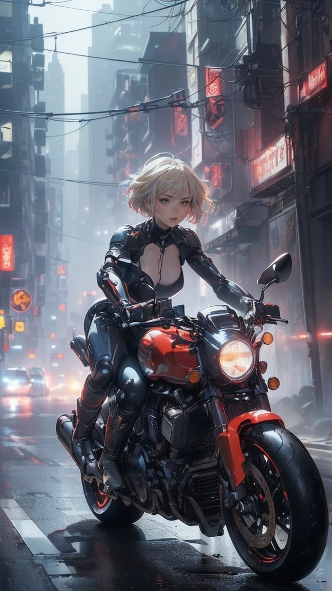 (Female cyborg on a bike)(((8K.HDR.Hyperrealism、Masterpiece 1.2、wlop1、Cinematic、Further content、Live Photo 1.2、Highest quality 1.2、Ultra high definition、Very detailed、Perfect Shading、Face close-up 1.2、1 photo、Commercial Photo 1.2、50mm、Film Grain、sf)))、(((Cyborg riding a red bike、))(Mechanical joints:1.2)、((Mechanical Limbs))、(Blood vessels connected to tu(Mechanical vertebrae attached to the back),((Mechanically connects the cervical spine to the neck),No facial expression,(Wires and cables attached to the neck:1.2)、(Head wires and cables:1.2)、(Focus on the characters)、(Rider Suit、Buildings at night、Buildings at night、Impressive night view、Cyberpunk World、Riding on motorcycle、Riding on motorcycle)、、(Focus on the characters、Angle from the side)、(White skin、Blonde、short hair、No bangs)