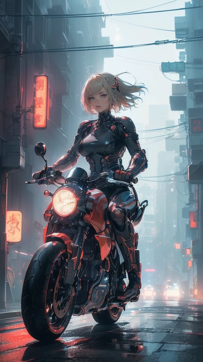 (Female cyborg on a bike)(((8K.HDR.Hyperrealism、Masterpiece 1.2、wlop1、Cinematic、Further content、Live Photo 1.2、Highest quality 1.2、Ultra high definition、Very detailed、Perfect Shading、Face close-up 1.2、1 photo、Commercial Photo 1.2、50mm、Film Grain、sf)))、(((Cyborg riding a red bike、))(Mechanical joints:1.2)、((Mechanical Limbs))、(Blood vessels connected to tubes)、(Mechanical vertebrae attached to the back),((Mechanically connects the cervical spine to the neck),No facial expression,(Wires and cables attached to the neck:1.2)、(Head wires and cables:1.2)、(Focus on the characters)、(Rider Suit、Buildings at night、Buildings at night、Impressive night view、Cyberpunk World、Riding on motorcycle、Riding on motorcycle)、、(Focus on the characters、Angle from the side)、(White skin、Blonde、short hair、No bangs)