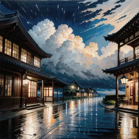 best quality,masterpiece,very detailed,extremely detailed, 
秋sky的落叶, 蓝sky, cloud, cloudy sky, sky, have, lantern, 没have人类, outdo...