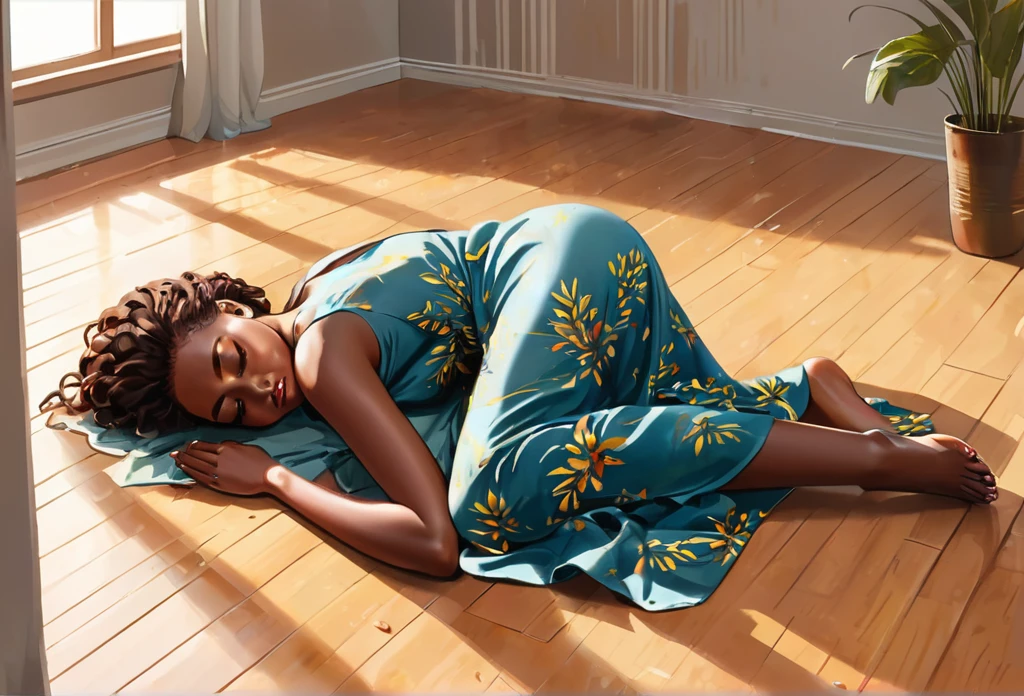 A young African lady fainted on the floor, one side of her face dropped, stroke symptoms. Full body, lying on the floor, different view points (masterpiece best quality:1.2) delicate illustration ultra-detailed, indoor