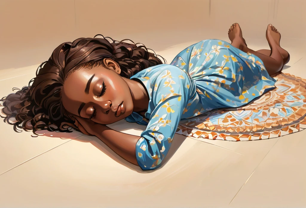 A young African lady fainted on the floor, one side of her face dropped, stroke symptoms. Full body, lying on the floor, different view points (masterpiece best quality:1.2) delicate illustration ultra-detailed, indoor