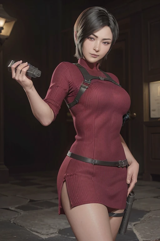 1 rapariga， solo， Ada Wong in Resident Evil 4 Remake， short detailed hair， brunette color hair， Red cheongsam， Short-sleeved shirt， Nero， nedium breasts， upper limbs， hindquarters， Black heels， Adriana's face， Find your audience， sly smile， A pistol was hung on her waist， best qualtiy， hight resolution：1.2， 18th century village in the background， Shadowing， Nightmare， rays of moonlight， Upper body photography， Low camera angle、depth of fields、center focused,sits,feets