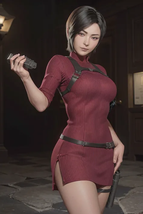 1 rapariga， solo， Ada Wong in Resident Evil 4 Remake， short detailed hair， brunette color hair， Red cheongsam， Short-sleeved shi...