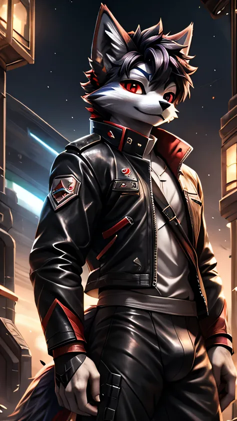 Rystal, Star Fox, Male,Dark emerald hair， (detailed), fluffy, Solo, Meticulous and realistic, delicate eyes(( Black and red eyes...