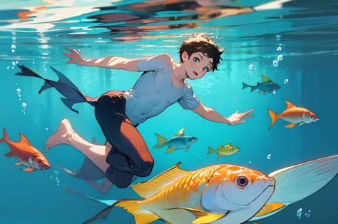 highres, masterpiece, perfect anatomy, best quality,8k, perfect face, expressive eyes, 1boy, young, underwater, happy, swimming ...