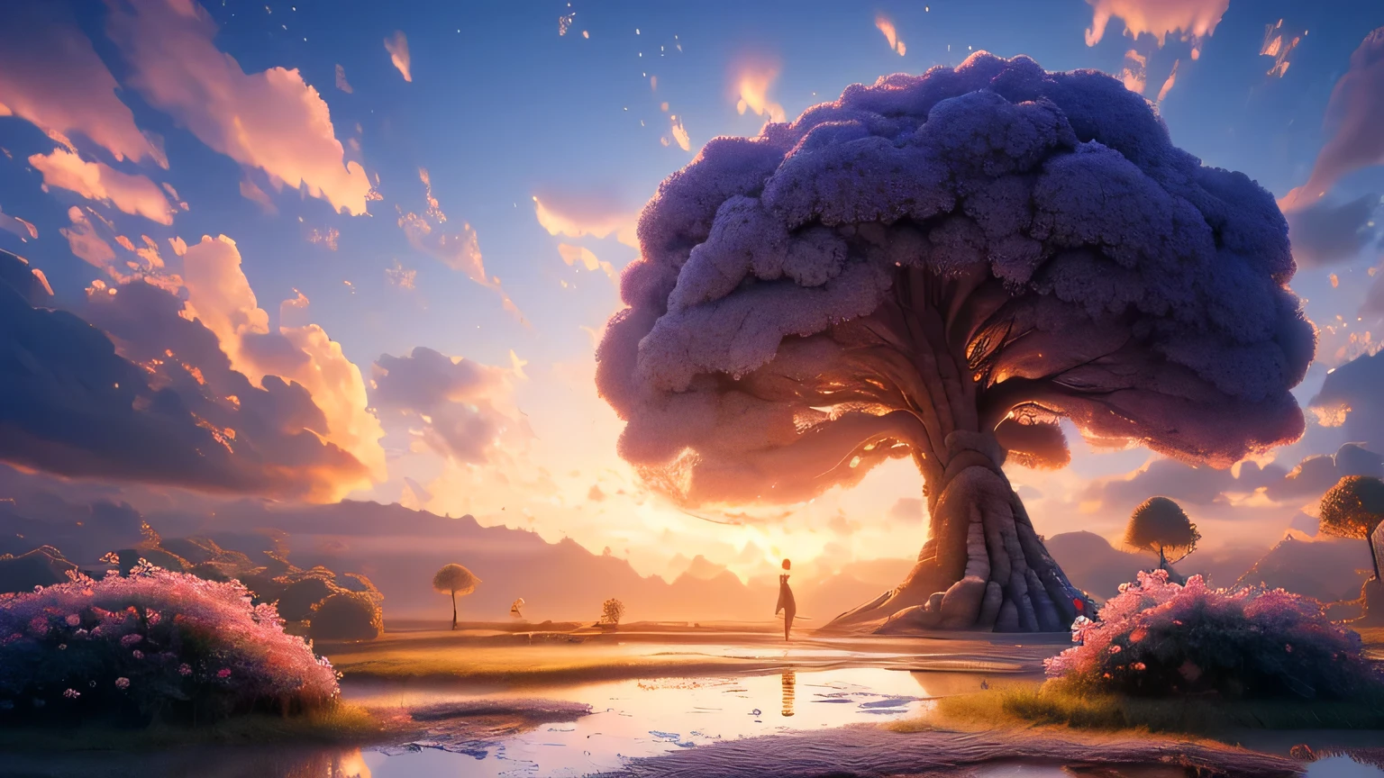 masterpiece, best quality, high quality, extremely detailed CG unity 8k wallpaper, a hyperrealistic colossal raintree, in a futuristic prehistoric village, splashing water, sandy debris, lens flares, sunshaft, fluffy clouds, HDR, Photorealistic, hyperdetailed, bloom, darked, mysterious