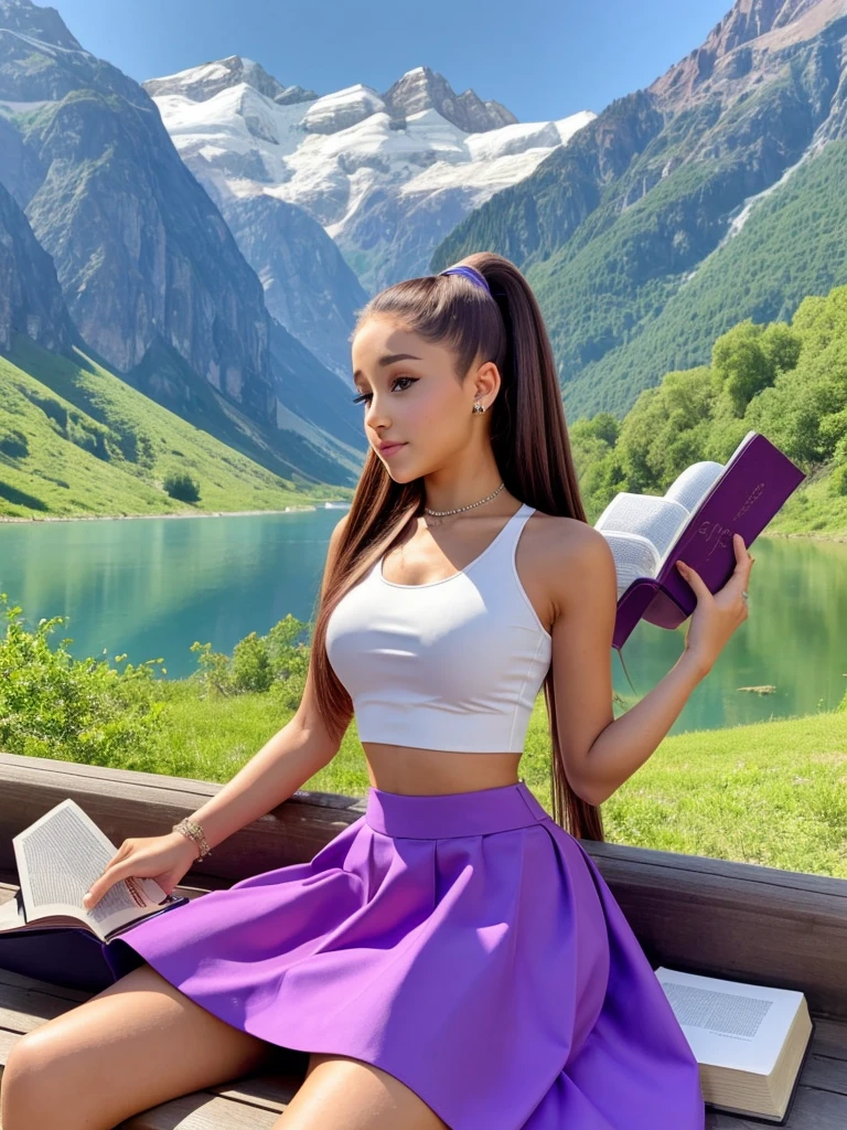 Belle Ariana Grande portant un crop top blanc et une jupe evasee violette SeaArt AI