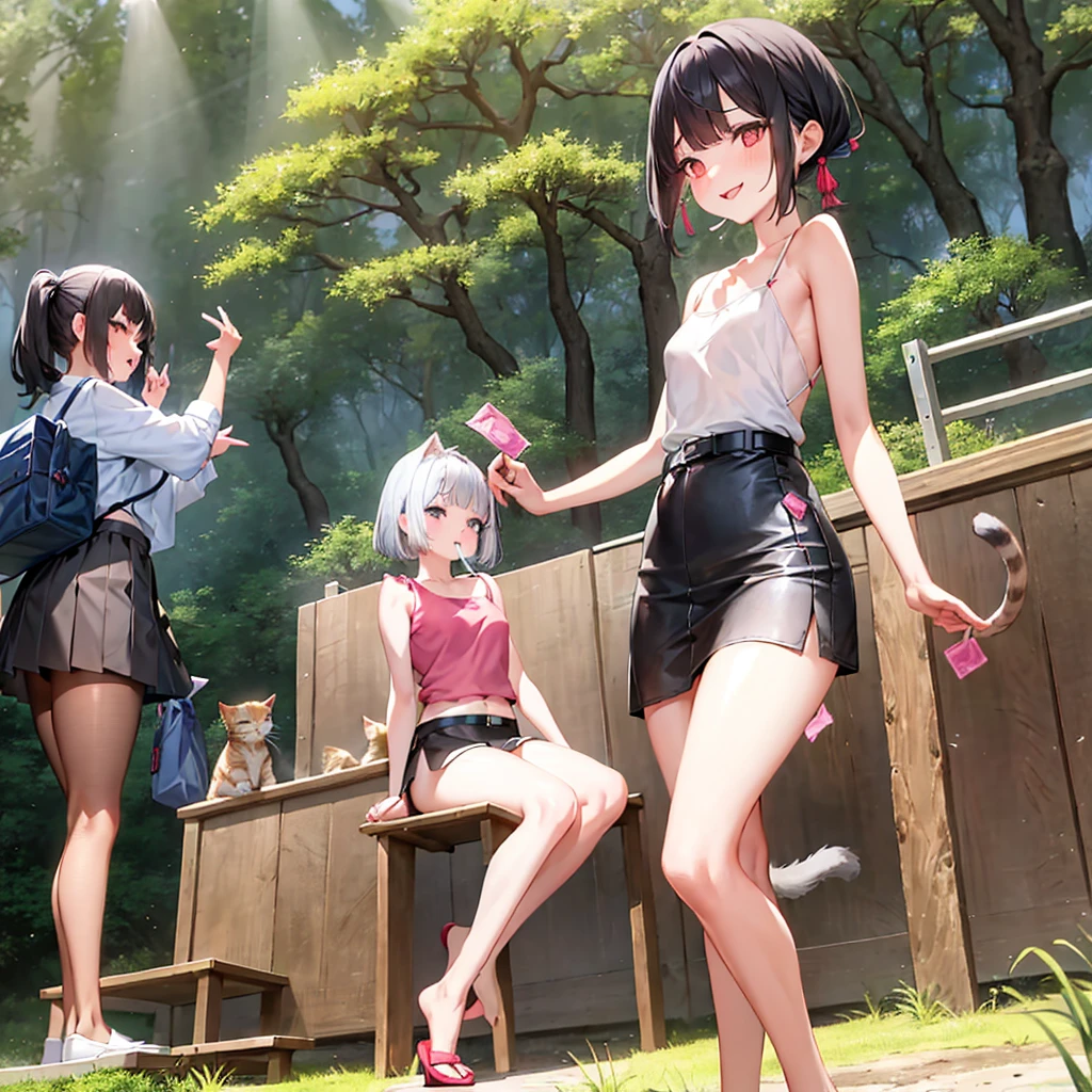 girly, Japanese silver grass, short hair, Black Hair，Low length，Small ，Side Ponytail, Cat, belt, mini skirt，camisole, They're laughing, Are standing, (forest:1.3), Looking at the audience, From below、Hold a condom in your mouth、A defiant smile、Lifting her skirt, a dark alley、Sit on the air conditioner&#39;s outdoor unit