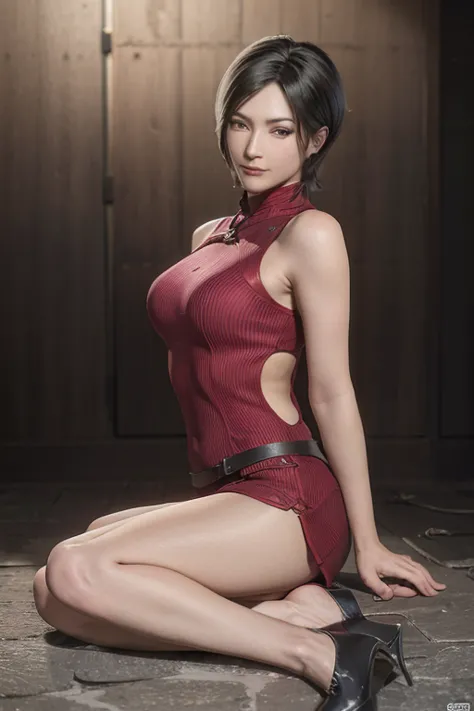 1 rapariga， solo， Ada Wong in Resident Evil 4 Remake， short detailed hair， brunette color hair， Red cheongsam， Short-sleeved shi...