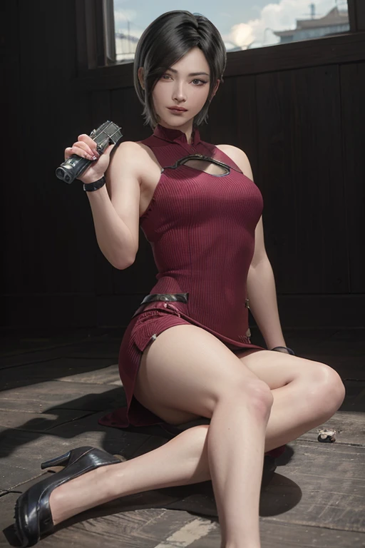 1 rapariga， solo， Ada Wong in Resident Evil 4 Remake， short detailed hair， brunette color hair， Red cheongsam， Short-sleeved shirt， Nero， nedium breasts， upper limbs， hindquarters， Black heels aside， Adriana's face， Find your audience， sly smile， A pistol was hung on her waist， best qualtiy， hight resolution：1.2， 18th century village in the background， Shadowing， Nightmare， rays of moonlight， Upper body photography， Low camera angle、depth of fields、center focused,sits,feets,no shoes on feets,legs up