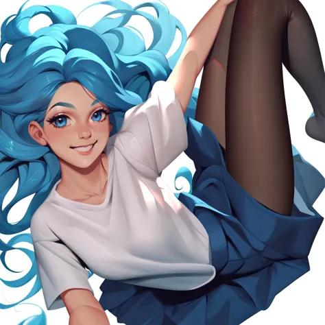 Girl, blue hair, long hair, smiling, white t-shirt, blue skirt, blue eyes, pantyhose, white background