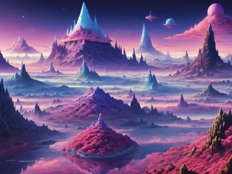 A vivid surreal landscape painting with a purple-blue sky and floating island mountains surrounded by mist